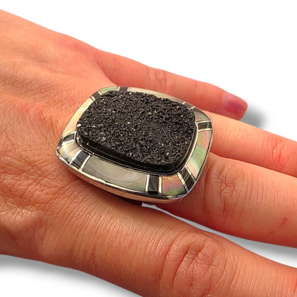 JC Silver Tone‎ Stainless Steel Black Druzy Abalone Shell Chunky Ring Size 8 New